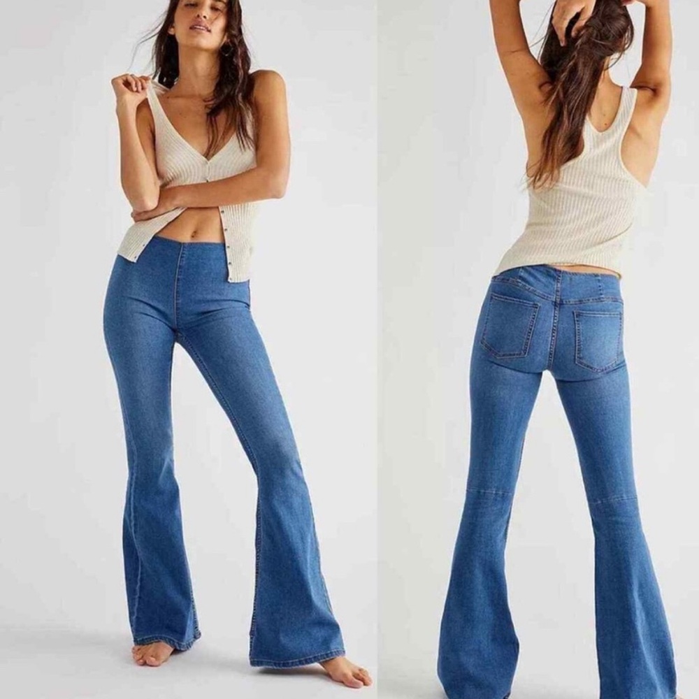 FREE PEOPLE Pull-On Flare Jeans Pants Retro 70’s Boho Hippie 29 Stretch